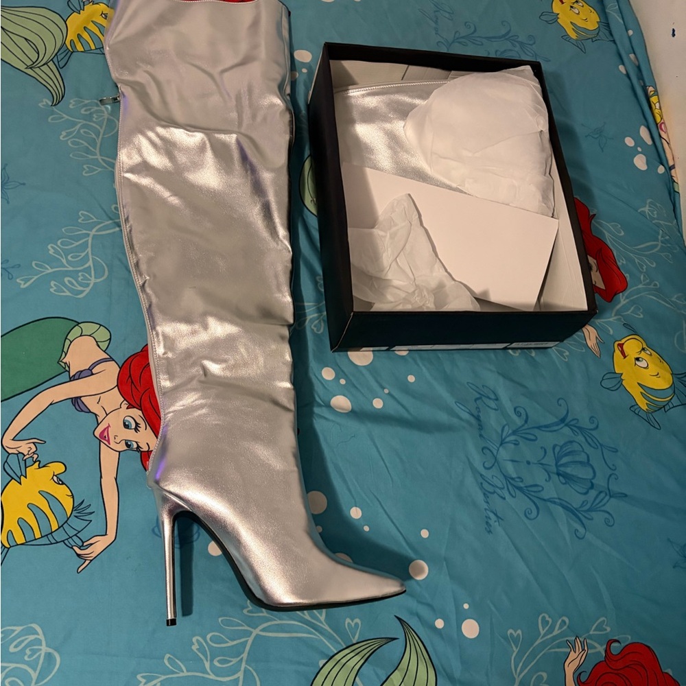Silver Metallic Thigh High Boots